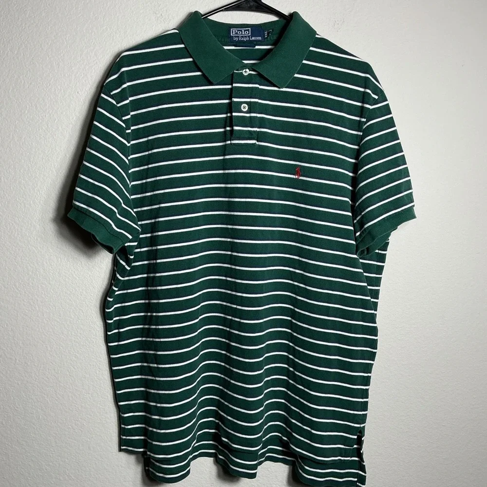 Polo Ralph Lauren‎ Polo Shirt Mens XXL Green White Striped Custom Fit Red Pony